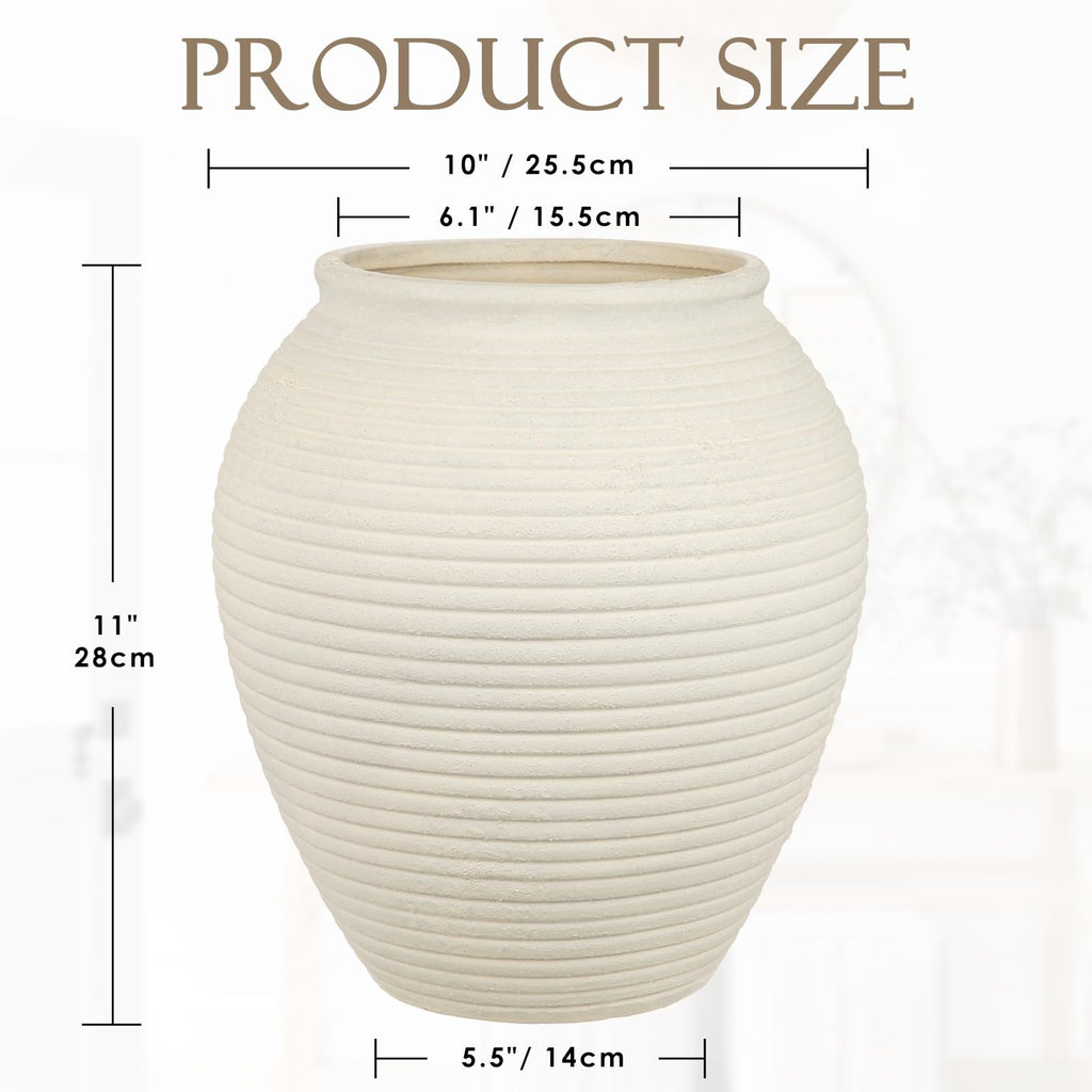 11" Rustic Ceramic Vase for Home Décor, Farmhouse Ribbed Pottery Vase for Pampas Grass & Dried Flowers, Decorative White Flower Vase for Living Room Table Shelf Mantel Centerpiece, Matte Ivory
