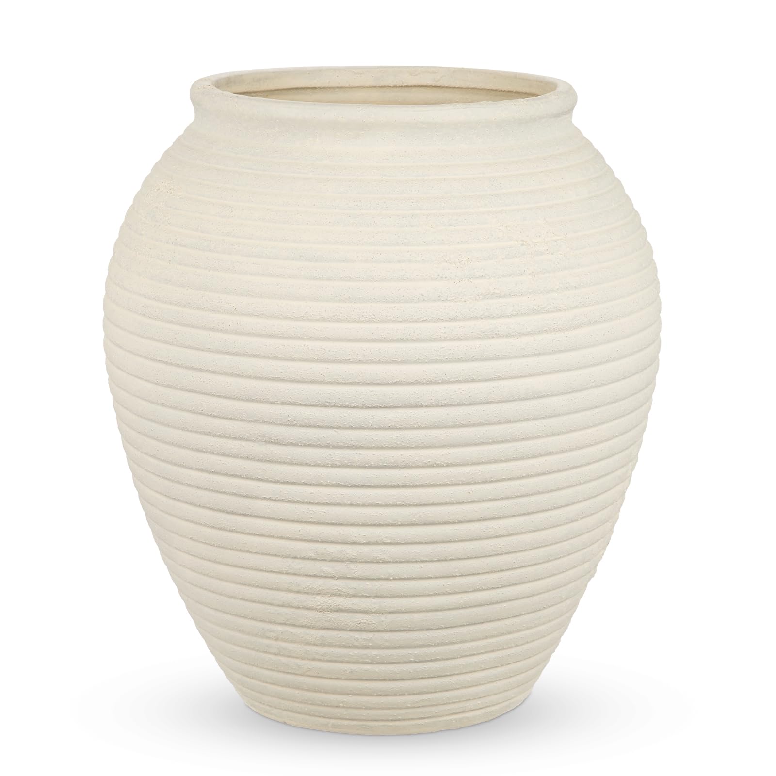 11" Rustic Ceramic Vase for Home Décor, Farmhouse Ribbed Pottery Vase for Pampas Grass & Dried Flowers, Decorative White Flower Vase for Living Room Table Shelf Mantel Centerpiece, Matte Ivory