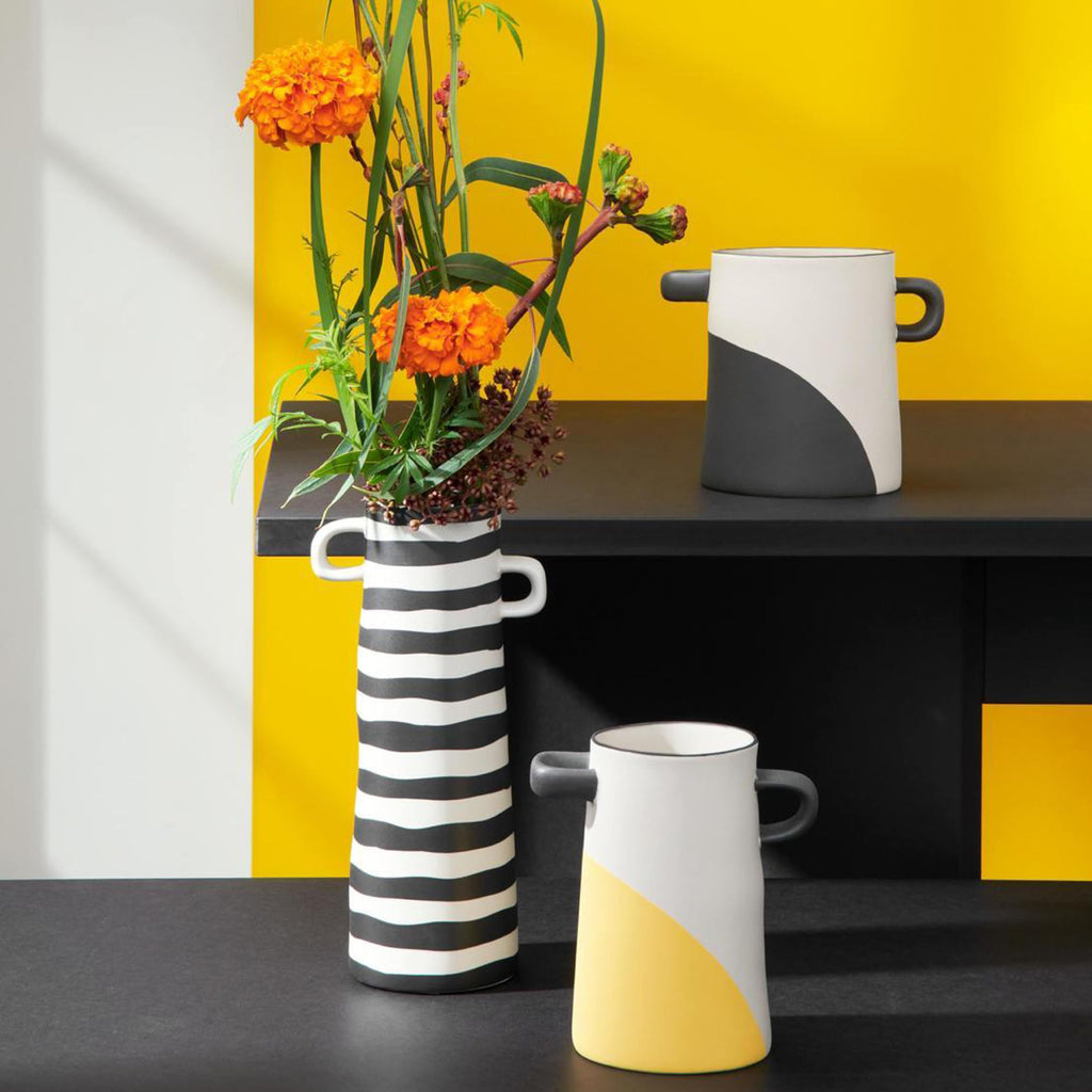 ASA 84004130 Vase, Steingut, 28cm, Mehrkernige, Hellgrau/Gebrochenes Weiß, Gestreift