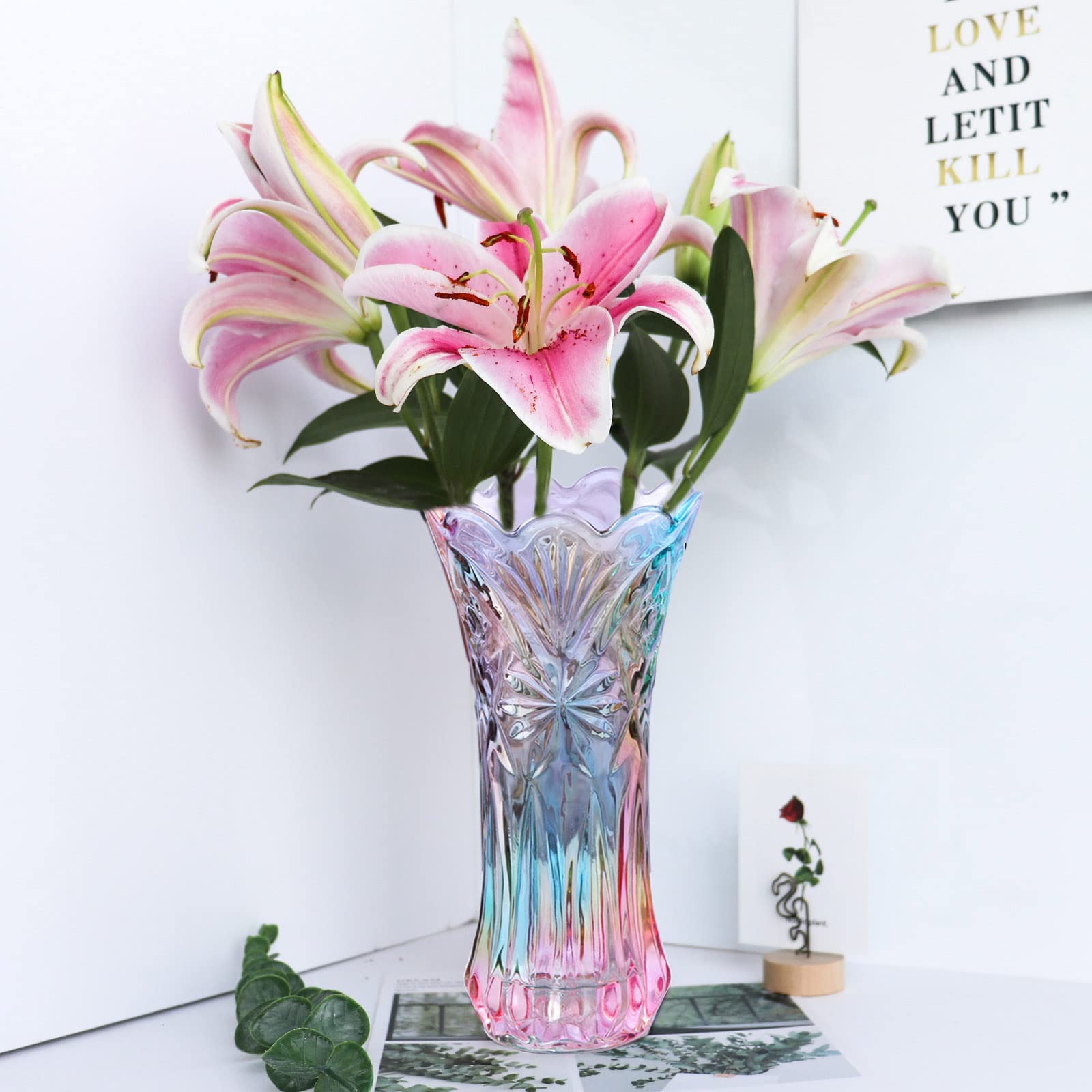 Kristallglas-Blumenvase, Regenbogenfarbene Glasvase, Pflanzenbehälter, dekorative Vase für Zuhause, Esstisch, Herzstück, Dekoration, Zubehör, Hochzeit, Urlaub, Party