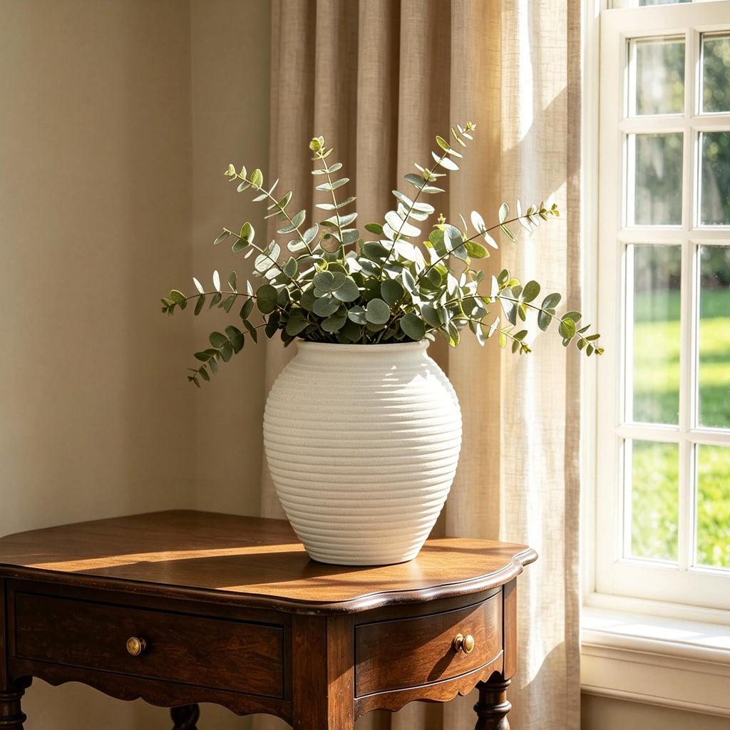 11" Rustic Ceramic Vase for Home Décor, Farmhouse Ribbed Pottery Vase for Pampas Grass & Dried Flowers, Decorative White Flower Vase for Living Room Table Shelf Mantel Centerpiece, Matte Ivory