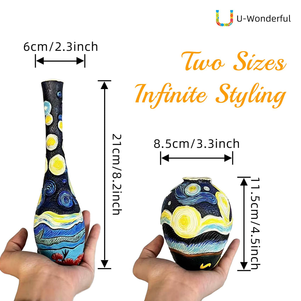 U WONDERFUL Starry Night Flower Vase Set of 2-Vases for Centerpieces & Home Decor, Handmade Boho Farmhouse Decor with Unique Hand-Painted Design,Artisan Vases for Kitchen,Bedroom, Office Table Decor