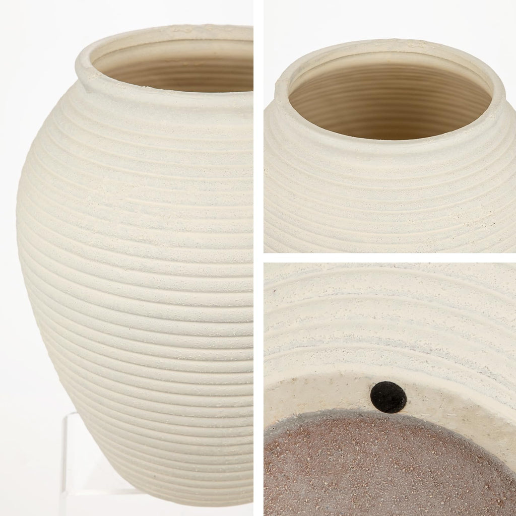 11" Rustic Ceramic Vase for Home Décor, Farmhouse Ribbed Pottery Vase for Pampas Grass & Dried Flowers, Decorative White Flower Vase for Living Room Table Shelf Mantel Centerpiece, Matte Ivory