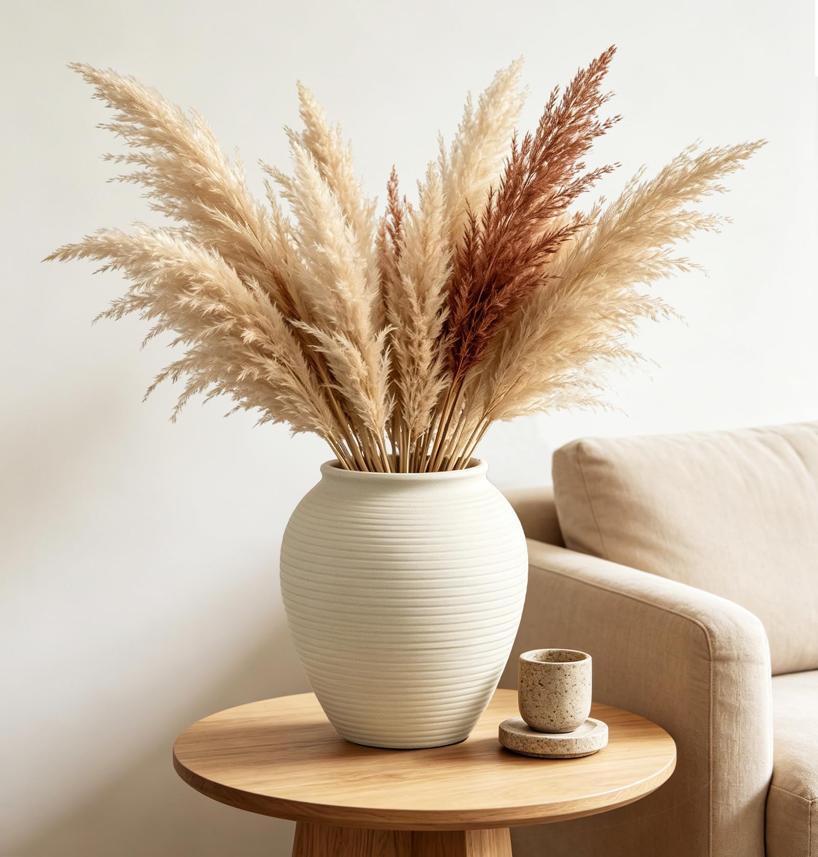 11" Rustic Ceramic Vase for Home Décor, Farmhouse Ribbed Pottery Vase for Pampas Grass & Dried Flowers, Decorative White Flower Vase for Living Room Table Shelf Mantel Centerpiece, Matte Ivory