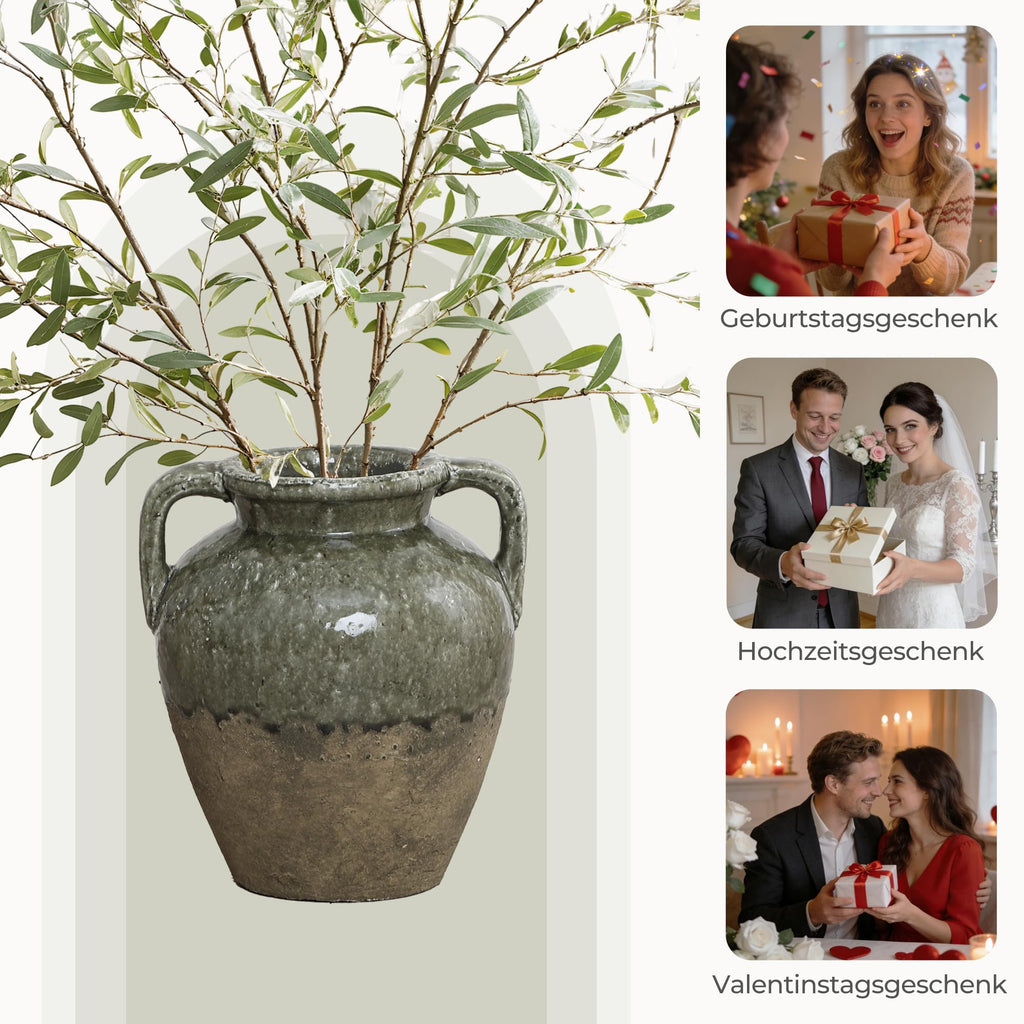 Vintage Vase Keramik im Antik-Stil, Kunstvolle Dekovase mit Patina-Optik, Wabi-Sabi Blumenvase für Zweige & Dekoblumen, Vintage Wohndeko 23 cm Höhe