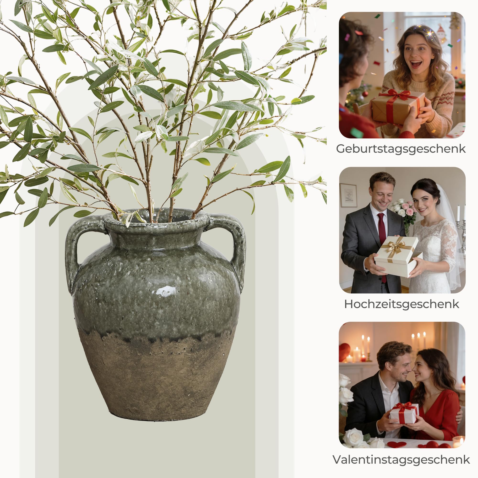 Vintage Vase Keramik im Antik-Stil, Kunstvolle Dekovase mit Patina-Optik, Wabi-Sabi Blumenvase für Zweige & Dekoblumen, Vintage Wohndeko 23 cm Höhe