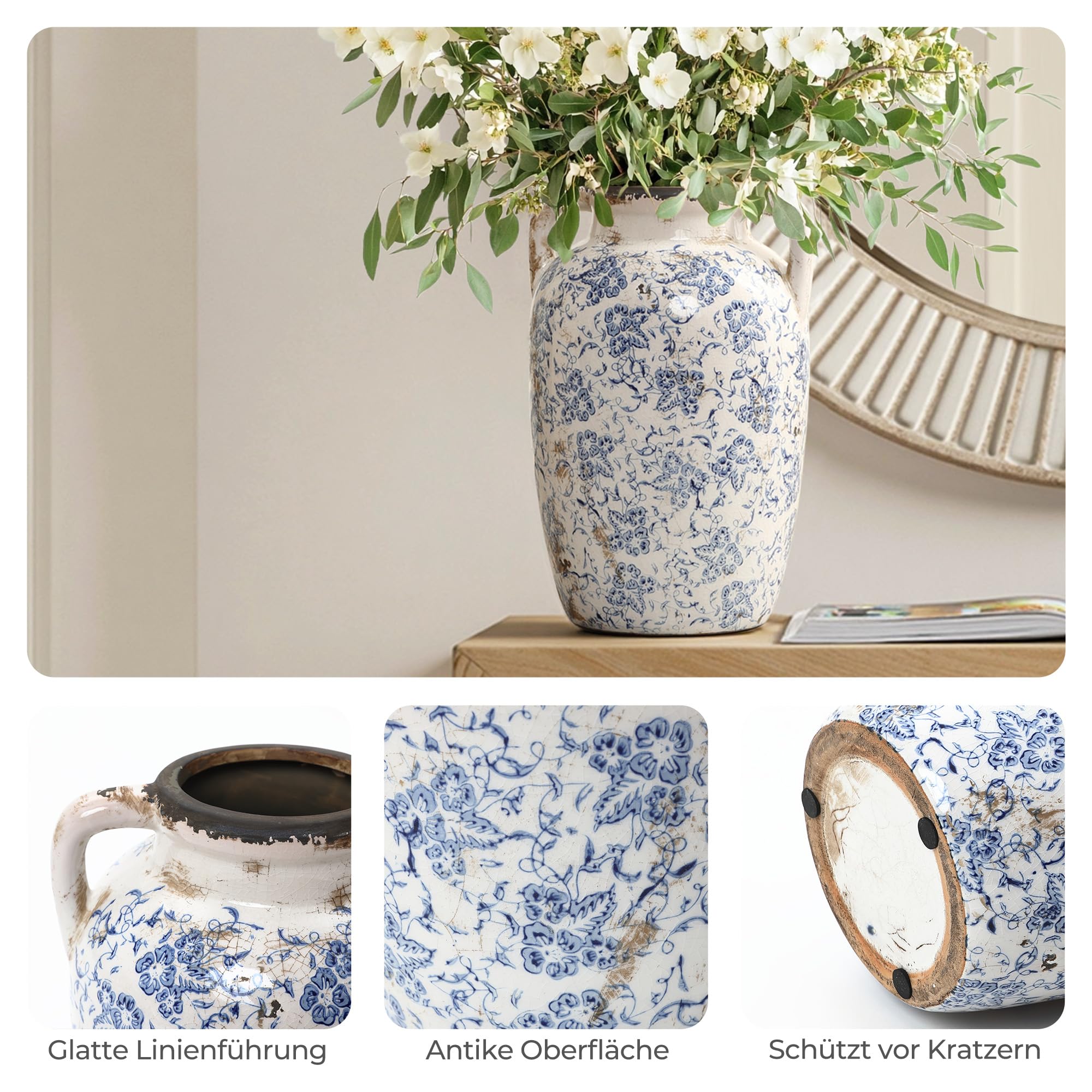 Vintage Vase Keramik im Antik-Stil, Kunstvolle Dekovase mit Patina-Optik, Wabi-Sabi Blumenvase für Zweige & Dekoblumen, Vintage Wohndeko 23 cm Höhe