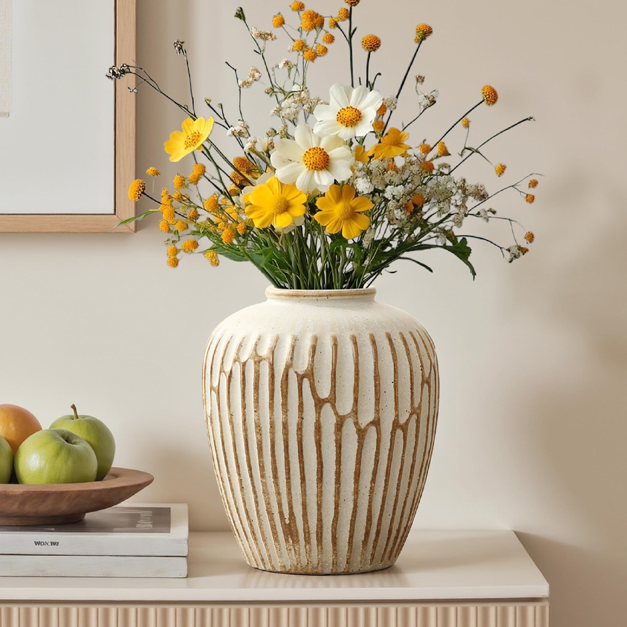 Vintage Vase Keramik im Antik-Stil, Kunstvolle Dekovase mit Patina-Optik, Wabi-Sabi Blumenvase für Zweige & Dekoblumen, Vintage Wohndeko 23 cm Höhe