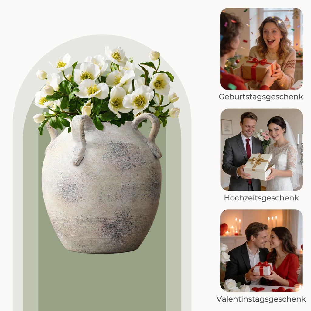 Vintage Vase Keramik im Antik-Stil, Kunstvolle Dekovase mit Patina-Optik, Wabi-Sabi Blumenvase für Zweige & Dekoblumen, Vintage Wohndeko 23 cm Höhe