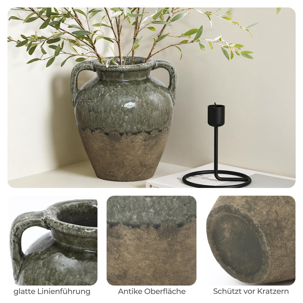 Vintage Vase Keramik im Antik-Stil, Kunstvolle Dekovase mit Patina-Optik, Wabi-Sabi Blumenvase für Zweige & Dekoblumen, Vintage Wohndeko 23 cm Höhe