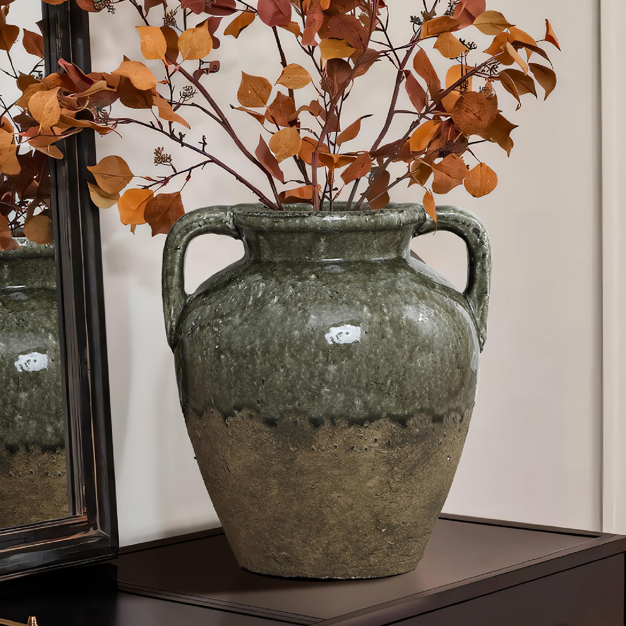 Vintage Vase Keramik im Antik-Stil, Kunstvolle Dekovase mit Patina-Optik, Wabi-Sabi Blumenvase für Zweige & Dekoblumen, Vintage Wohndeko 23 cm Höhe