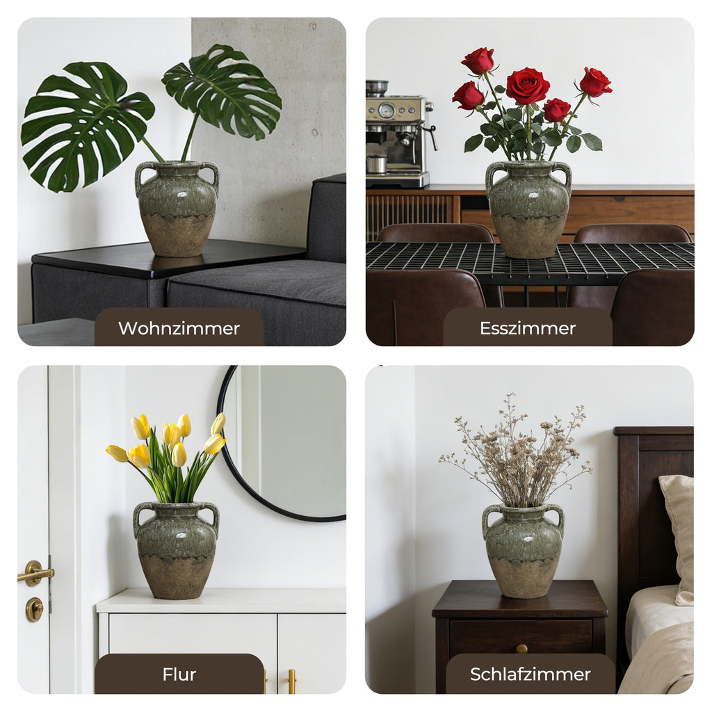 Vintage Vase Keramik im Antik-Stil, Kunstvolle Dekovase mit Patina-Optik, Wabi-Sabi Blumenvase für Zweige & Dekoblumen, Vintage Wohndeko 23 cm Höhe