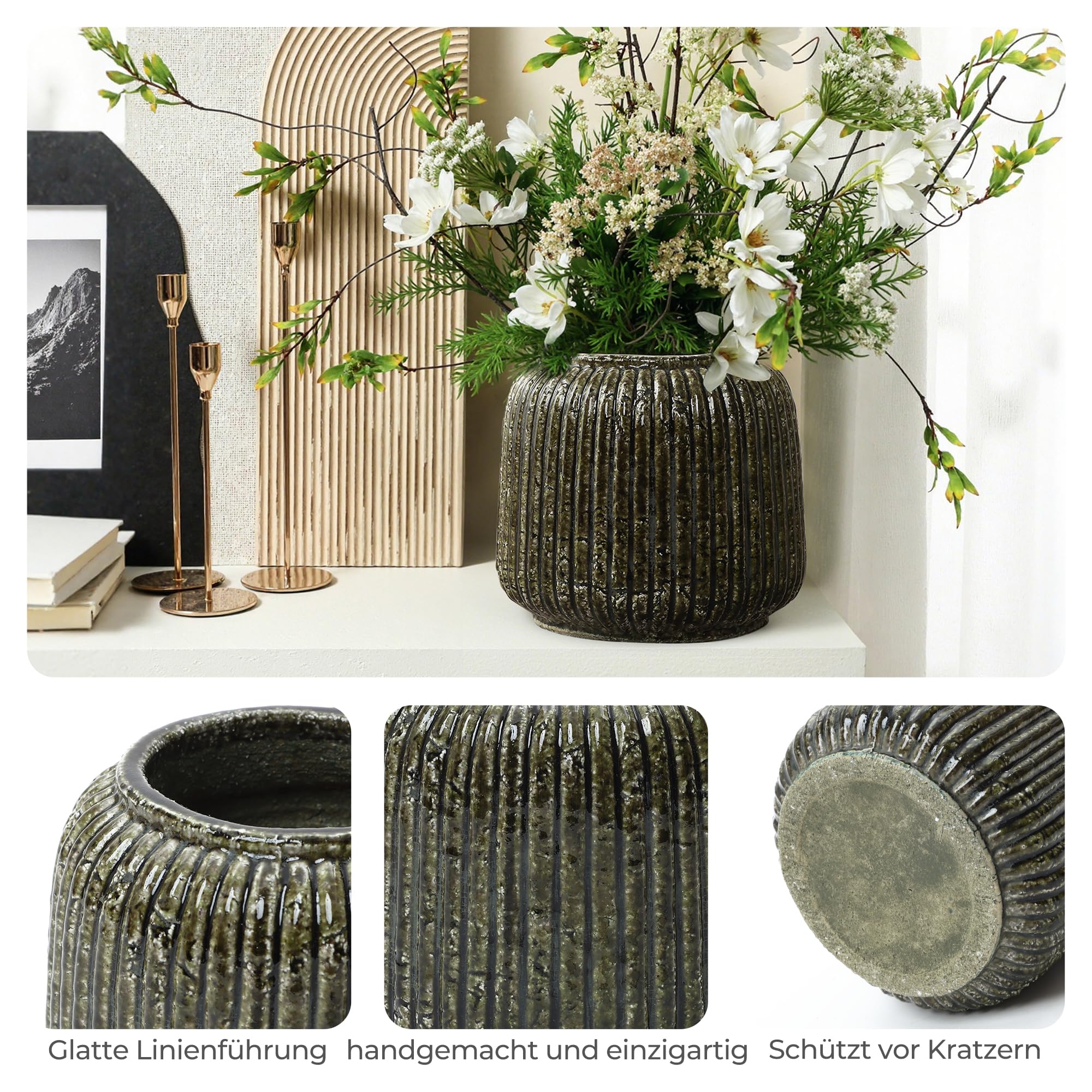 Vintage Vase Keramik im Antik-Stil, Kunstvolle Dekovase mit Patina-Optik, Wabi-Sabi Blumenvase für Zweige & Dekoblumen, Vintage Wohndeko 23 cm Höhe