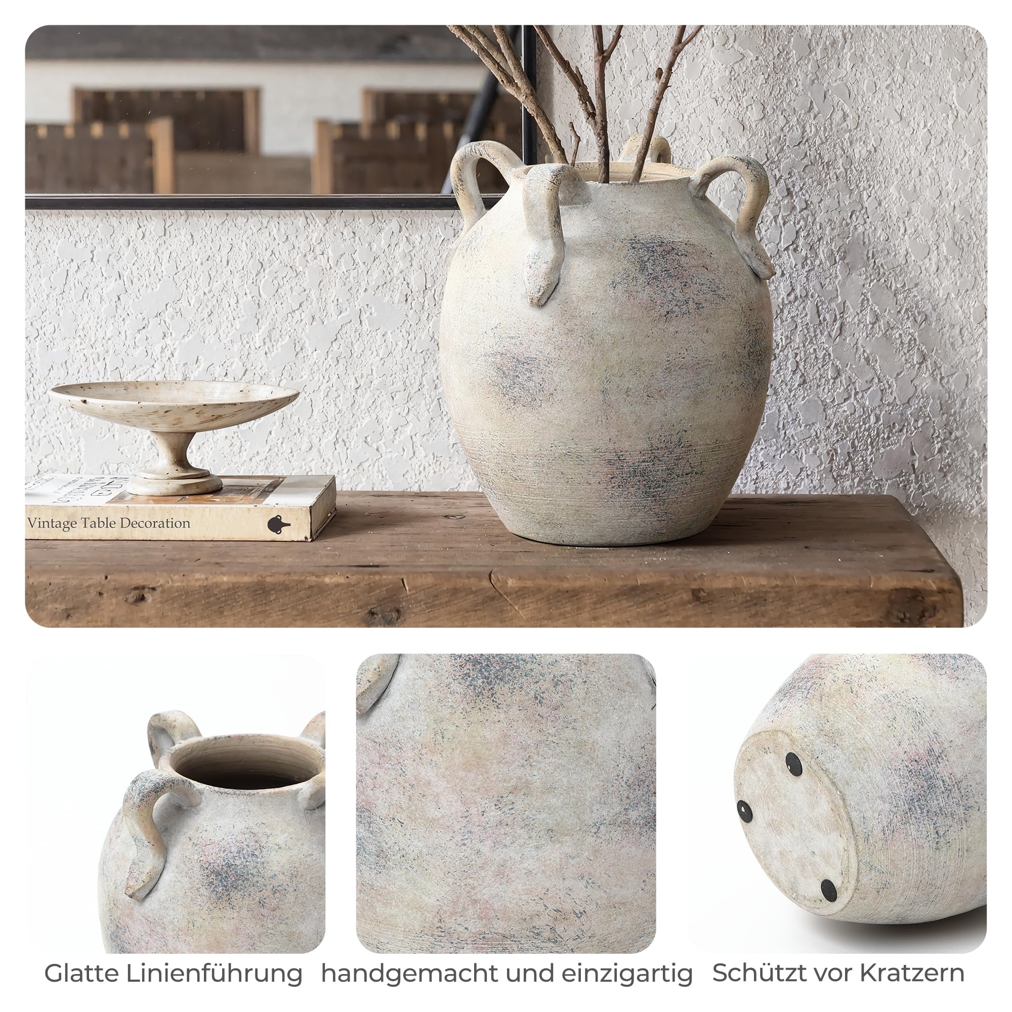 Vintage Vase Keramik im Antik-Stil, Kunstvolle Dekovase mit Patina-Optik, Wabi-Sabi Blumenvase für Zweige & Dekoblumen, Vintage Wohndeko 23 cm Höhe